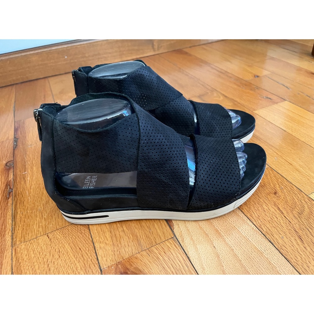 Eileen Fisher Kes 2 Perforated Leather Wedge Sandals Size 8.5 Black GUC